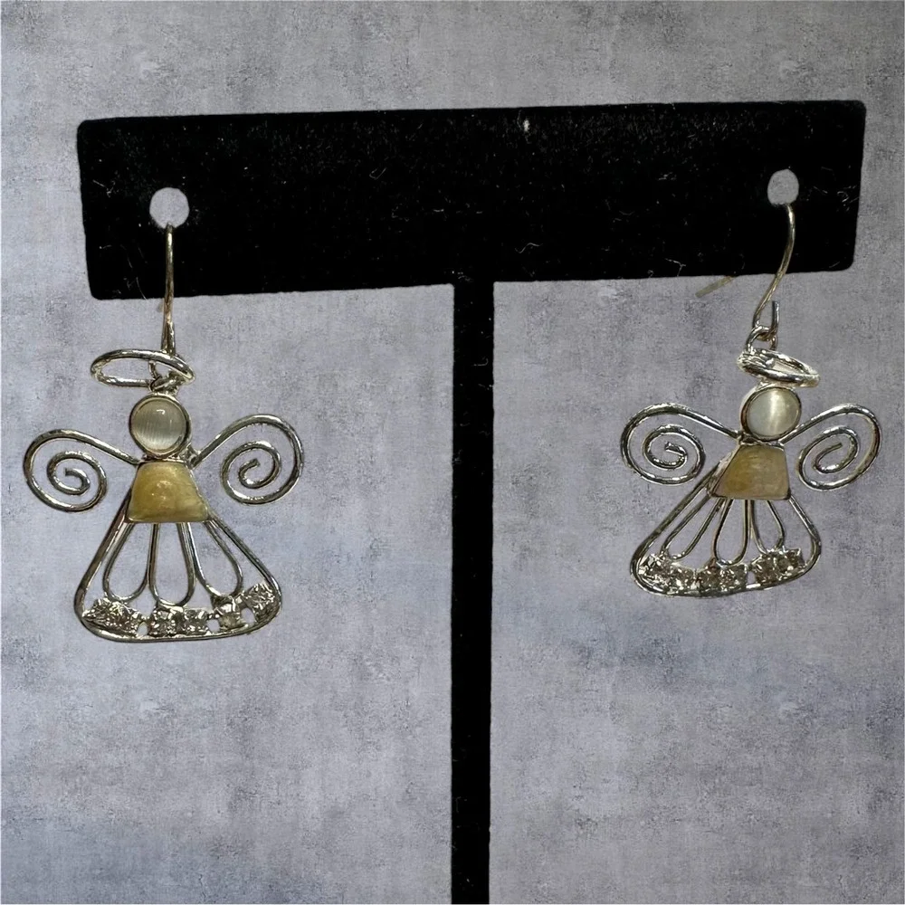 Angel Drop Earrings‎ Womens Silver Tone Yellow Enamle Clear Rhinestone Dangle